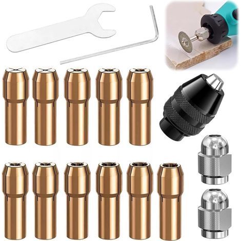 16 Pièces Mandrin Compatible avec Dremel, Accessoires pour Outil Rotatif, 0,5mm à 3,2mm Remplacement 4485, 4486 Pince de Serrage en Laiton Écrou Metal, Mandrins en Laiton de Précision (1/5)