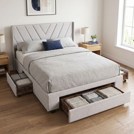 Lit double 140x200 cm avec 3 tiroirs de rangement, Lit adulte capitonné en lin, Tête de lit géométrique, Beige (1/5)