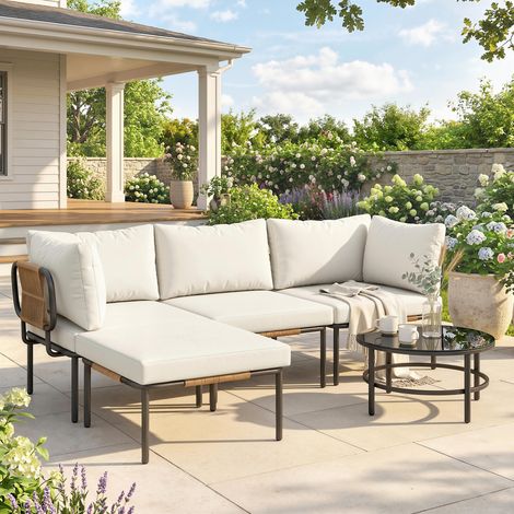 5-teiliges Gartenmöbelset, modulares Rattan-Set in L-Form mit Kissen, khakifarben (1/5)
