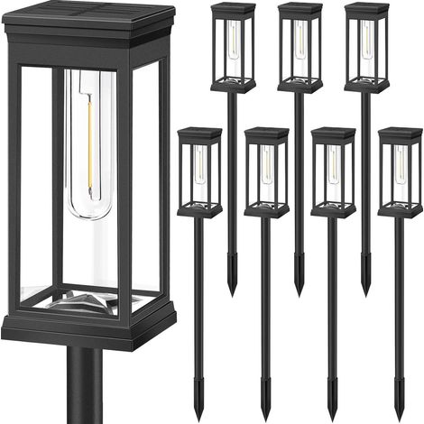 Set mit 8 Solar-Wegeleuchten – LED-Gartenbeleuchtung, Glas und Metall, 3000K Warmweiß, wasserdicht, zur Dekoration von Höfen, Wegen, Terrassen, Einfahrten und Rasenflächen