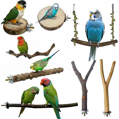 Lot de 8 perchoirs pour cage à oiseaux supports en bois naturel pour petits perroquets Faciles à installer, sans danger s'ils sont mordillés. (1/5)