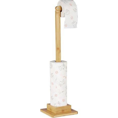 Porte-papier toilette sur pied en bambou Support à rouleaux de rechange Dimensions 71,5x23,5x19 cm Antidérapant et résistant à l'humidité (1/5)