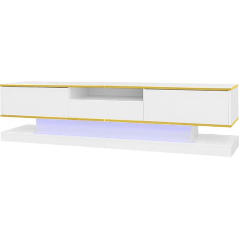 Meuble TV moderne blanc brillant avec trois tiroirs, éclairage LED multicolore, 180 x 38 x 45 cm (1/5)