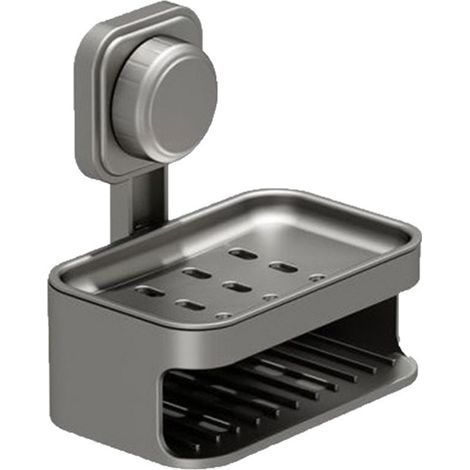 Porte-savon double couche autonettoyant avec ventouse et trou d'évacuation, idéal pour la salle de bain, fixation murale - gris (1/5)