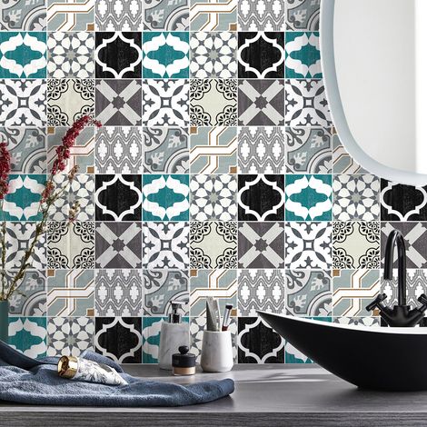 Sticker Mural Carrelage adhésif Cuisine Salle de Bain - 9 STICKERS CARREAUX DE CIMENT AUTHENTIQUES ZAVUIO - 9stickers10x10cm (1/5)