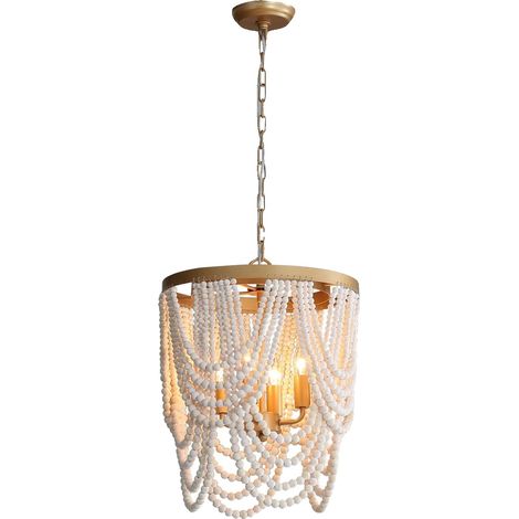 Chandelier, Perles en Bois, Design Polyvalent, Blanc Vintage 4LT (1/2)