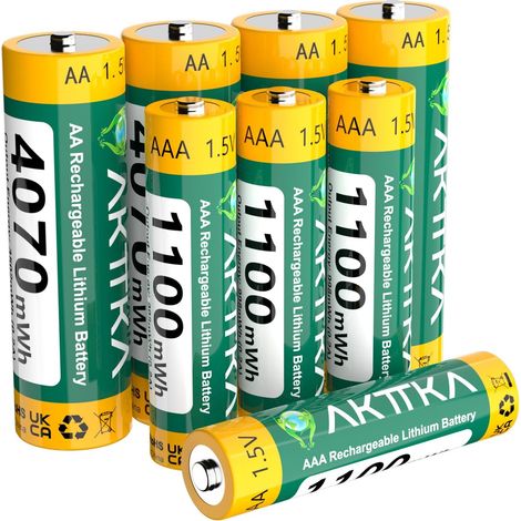 4 Piles AA + 4 Piles AAA Lithium Rechargeables,AA 4070mWh & AAA 1100mWh,1,5V.Parfaitement Adaptées Aux Télécommandes,balances Électroniques,thermomètres,capteurs,manettes De Jeu Et Autres (1/5)