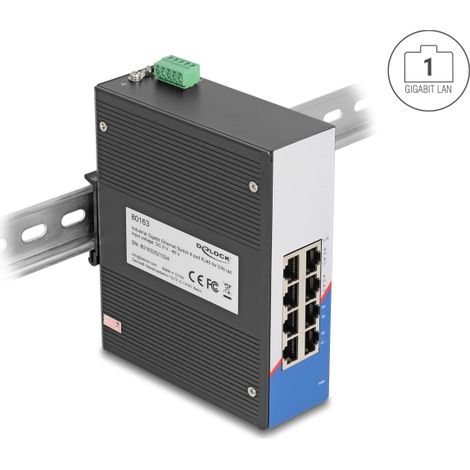 Delock Conmutador Gigabit Ethernet industrial 8 puertos RJ45 para carril DIN
