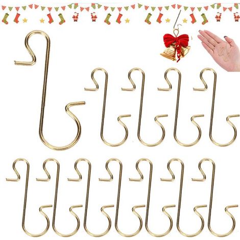 12 ganci a S natalizi, 30 mm, oro, ganci per decorazioni natalizie, ganci a S per palline e calze dell'albero di Natale, ganci multifunzionali in metallo (1/5)