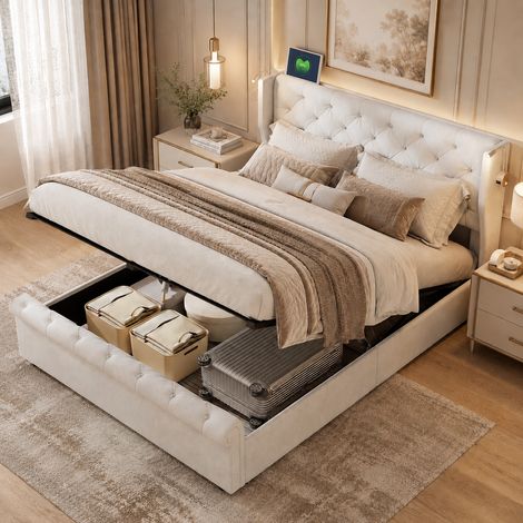 Lit coffre 140x190 cm avec led et ports usb, lit double à rangement hydraulique, sommier à lattes, design moderne pour adultes et ados, beige (1/5)