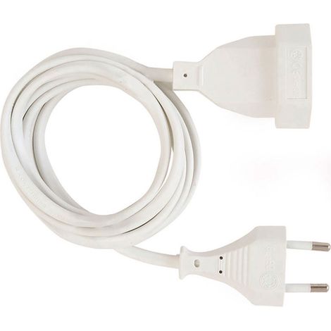 Rallonge électrique à 1 Prise, 10a 250 V, Sans Mise à La Terre, H05 Vv-f, Câble 2 X 1 Mm², 2 M, Blanche, Blister