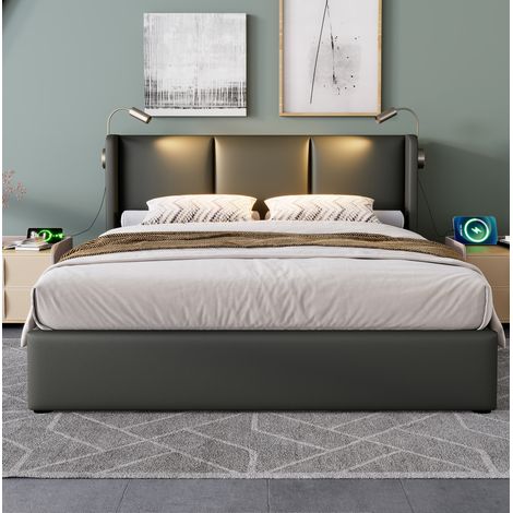 Lit coffre rembourré PU gris 160x200 cm avec sommier à lattes, liseuse et port USB intégrés (1/5)