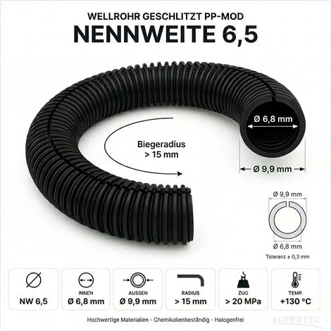 50m PP Wellrohr geschlitzt NW 6,5 Schwarz Innen-Ø 7,2 mm UV-beständig