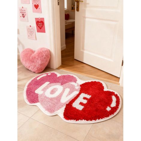 Tapis de porte en forme de cœur à motifs de cœurs rouges et roses et texte \"LOVE\", doux, antidérapant, lavable en machine, pour entrée intérieure et extérieure 50×80cm (1/5)