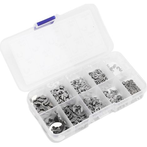 Ensemble de 580 rondelles circlips de type E avec boîte de rangement, en acier inoxydable, pour une fixation ferme. Rondelles de retenue de type E argentées. (1/5)