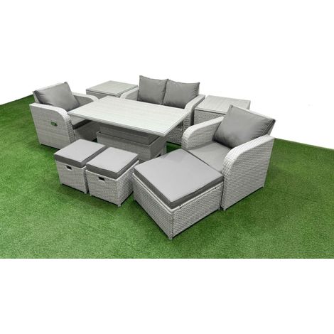 Fimous Light Grey PE Wicker Rattan Garden Furniture Set Sofa Set Reclining Chair Adjustable Lifting Dining or Coffee Table 7 Seater 3 Stools 2 Side Table (1/5)