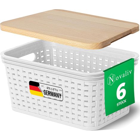 Novaliv lot de 6 boîtes de rangement avec couvercles en bois, mini panier 2L, blanc en rotin, panier de rangement alimentaire, boîtes empilables