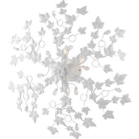 Plafoniera Shabby Edera 6 Luci Ferro Battuto Bianco Con Foglie E Cristalli (1/3)