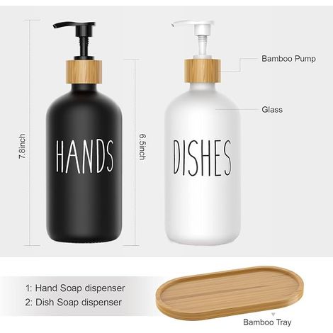 Lot de 2 - Distributeur De Savon 500 ml En Verre Noir Et Blanc De Liquide Vaisselle Flacon Pompe (1/5)