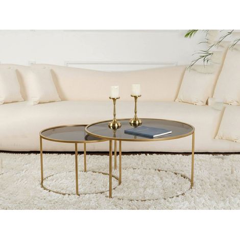 Dmora - Set mit 2 Couchtischen Ragalna, Niedriger Wohnzimmertisch, Kaffeeregal, Couchtisch für Sofa, 80x80 h43 cm, Gold und Bronzo (1/5)