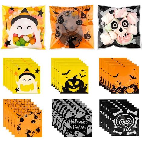 300 Pièces Sac de Bonbons Biscuits d'Halloween Emballage Cadeau, Sachet Bonbon Transparents Auto Adhésif Halloween 10 10cm Cadeau Emballage Sacs, Sacs de Fête pré-remplis pour Enfants, 6 Modèles (1/5)