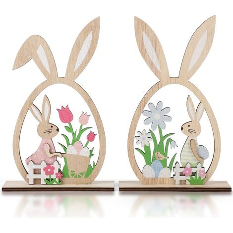 Lapin de Pâques, décoration de table de Pâques fantaisiste en bois, figurines de lapin plates peintes à la main (1/5)