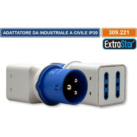ADATTATORE INDUSTRIALE MONOFASE 1 SPINA CEE INDUSTRIALE 2P+T 6H E 2 PRESE BIPASSO 10/16A 2P+T 250V IP20 (1/4)