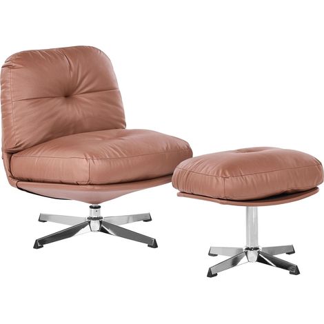 Poltrona Girevole Gambe Cromate in Ferro con Pouf Incluso, Tessuto Marrone Loimaa (1/5)