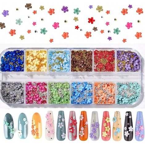 12 fleurs en résine 3D de différentes couleurs, pour décoration d'ongles, assortiment multicolore, accessoires de nail art, charmes, pierres fines (1/4)