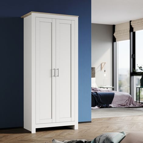 ELEGANT 2 Door Double Wardrobe Solid Wood Style Wardrobe Large Storage Wardrobe White/Oak Bedroom Wardrobe (1/5)