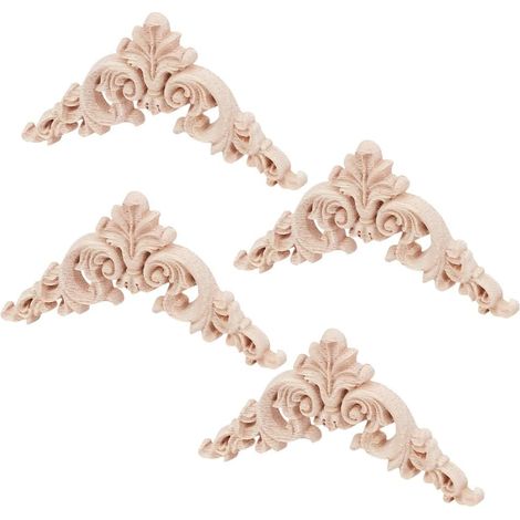 4 Pcs Moulure Decorative Bois, Bois Sculpté d'angle Décalques De Bois Sculpté pour Meubles Cadre Non Peint pour Porte D'Armoire Murale Lit Commode Décoration, Papayawhip, 8.25x8.25x0.65cm (1/5)
