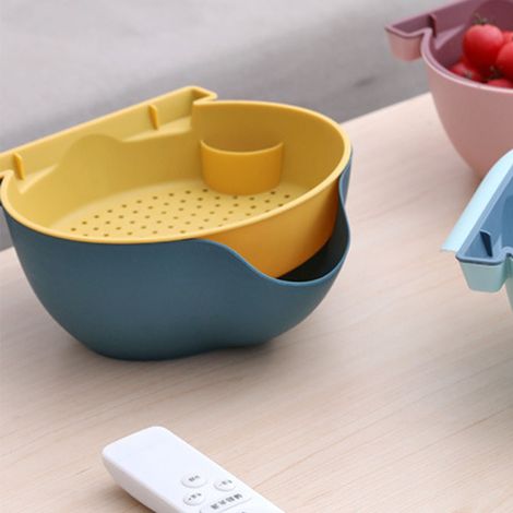 Panier à Fruits 2 Étages avec Support Téléphone - Passoire Plastique Bleu Foncé et Jaune pour Cuisine