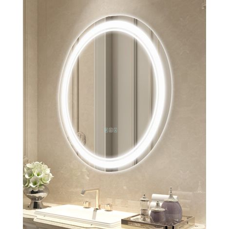Miroir de salle de bain rond à LED, 60 cm, miroir de maquillage avec éclairage frontal et rétroéclairé, miroir mural à mémoire antibuée avec lumières, intensité variable en continu à 3 couleurs (1/5)
