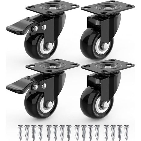 4 Roulettes Pivotantes Pour Meubles dont 2 avec Frein + Vis - 40mm Jusqu'à 80KG - Roulette Sans Traces au Sol pour Charge Lourde - Roue en Caoutchouc pour Chariot - Noires (1/4)