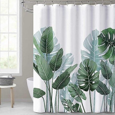 Ensemble de rideaux de douche anti-moisissures 180 x 180 cm (71 x 71 pouces), motif feuilles vertes naturelles 3D HD, lavables en polyester pour salle de bain. (1/5)