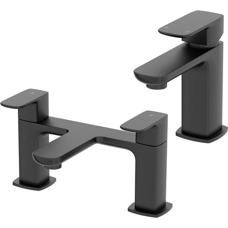Matera Bathroom Bath Filler Basin Mixer Tap Set Deck Mounted Square Modern Black (1/5)
