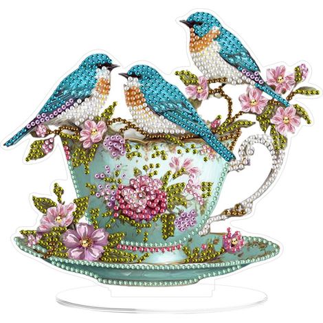 Kit de peinture diamant 5D pour adultes, Tasse à thé debout avec oiseaux, Décoration de table (1/4)
