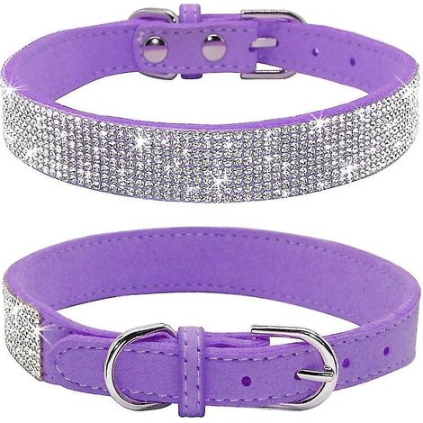 Collier pour chien en strass, mignon et scintillant, en cuir suédé doux, orné de strass et de cristaux (XS, Noir) - S - Violet (1/4)