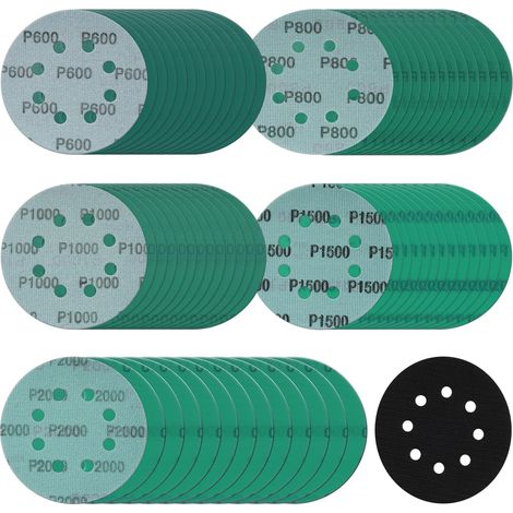Dischi abrasivi da 5 pollici e 8 fori, confezione da 100 dischi abrasivi a umido e a secco, grane assortite 600, 800, 1000, 1500, 2000, carta vetrata verde con velcro e supporto in pellicola di polies
