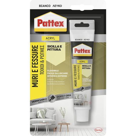 Pattex Sigillante Bianco Muri e Fessure, Acrilico, Verniciabile, per Facciate, Giunti, Fessure, Inodore, Uso Interno, Senza Solventi, Tubo da 50 ml (1/4)