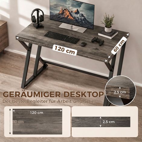 Schreibtisch/Computertisch, 120 x 60 cm, Bürotisch mit Z-förmigem Metallgestell, Holzoptik, Industriedesign fürs Büro, Grau. (1/5)