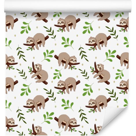 Papier peint paresseux blanc, beige et citron vert pour salon et chambre 50x1000 cm (1/5)