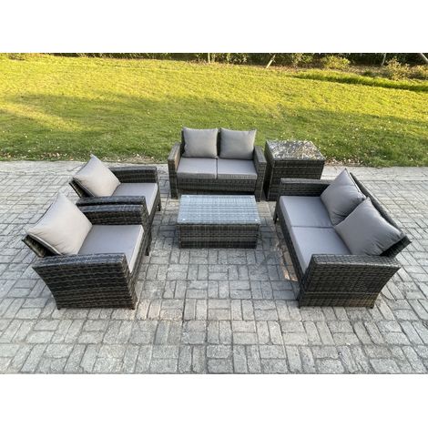 Fimous Garden Furniture Sets 6 Pieces Outdoor Rattan Furniture Manual Wicker Patio Sofa Chair Set with Coffee Table Side Table Dark Grey Mixed (1/5)