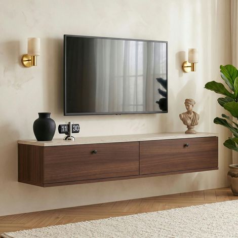 Meuble TV suspendu 2 p. décor travertin et noyer 140 cm MARFA (1/5)