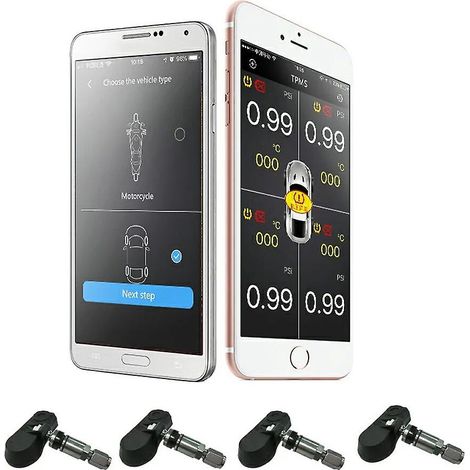 Système de surveillance de la pression des pneus sans fil Bluetooth 4.0 (4 capteurs TPMS) avec application mobile, alarme de batterie faible (intérieur/extérieur) (gris) (1/5)
