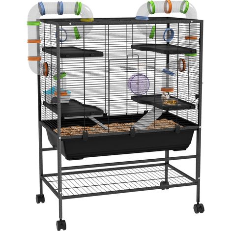 Hamsterkäfig mit Röhren, Laufrad, Häuschen, Wasserspender, 109 x 82 x 46 cm, Schwarz