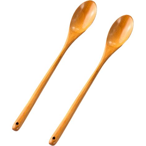 Lot de 2 cuillères en bois à long manche (28 cm), idéales pour la cuisson et le mélange.