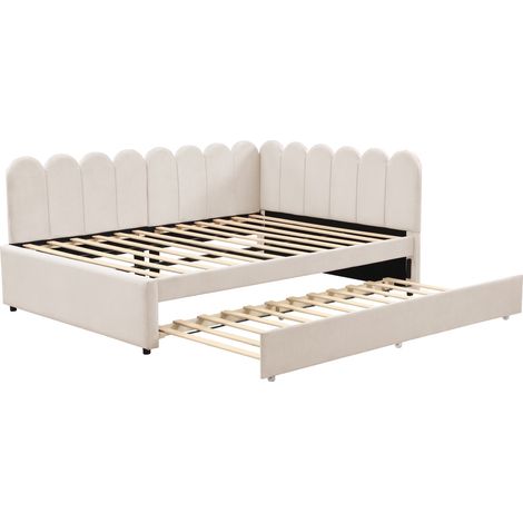 Lit banquette d'angle 140x200 cm en velours beige avec lit gigogne - MODENUIT (1/5)