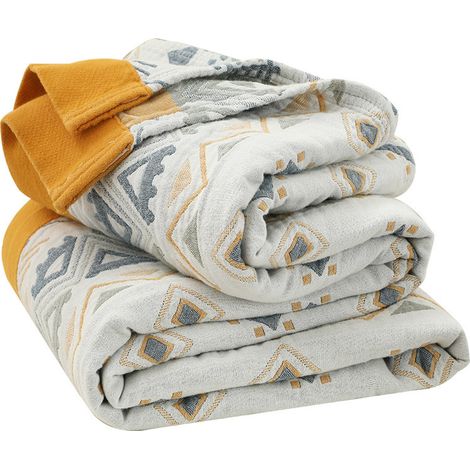 Couverture d'Été Bohème 200x230 cm, 100% Coton Lavé Multicouche, Respirante et Léger, Motif Graphique Jaune, Idéale pour Sieste et Climatisation (1/5)