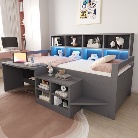 Kinderbett 90x200 cm mit Schreibtisch, Stauraum, LED und Steckdosen, grau HAVRYA (1/5)